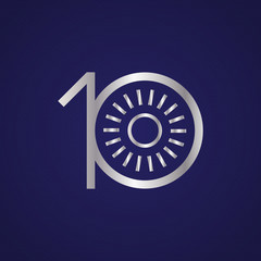 10th anniversary years with a circle. Sun in circle and number Silver metal.
