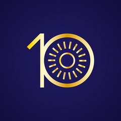 10th anniversary years with a circle. Sun in circle and number Gold metal.