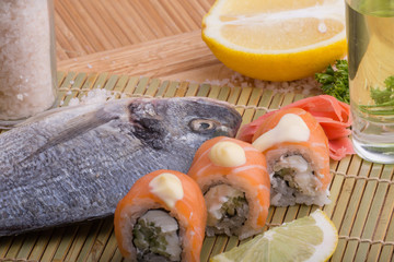  fresh fish with lemon, butter, salt and pepper