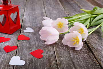 Valentines Day background with red and white hearts, flowers tul
