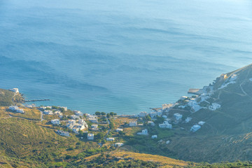 Panoramic view of a village in Mykonos, Greece.