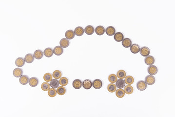 Sign of car made from coins.