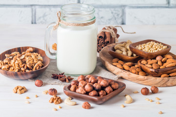 Vegan milk from nuts in glass jar