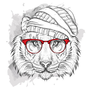 Hand tiger in a hat. Vector illustration