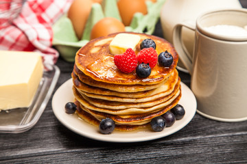 High pile of delicious pancakes