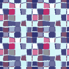Seamless geometric mosaic checked pattern. Background of woven rectangles and squares. Patchwork, ceramic, tile texture. Cold, pastel, variegated, blue, brown, rose, gray colors. Winter theme. Vector