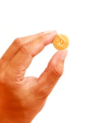 Man hand with button isolated on white background.