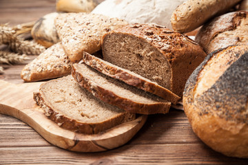 Bread assortment on wooden surface