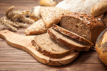 Bread assortment on wooden surface