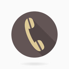 Fine golden telephone receiver in the brown circle. Flat design with long shadow