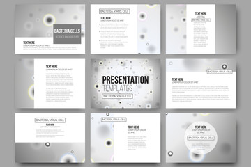 Set of 9 vector templates for presentation slides. Molecular research, cells in gray, science background