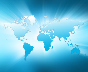 World map on a technological background, glowing lines symbols of the Internet, radio, television, mobile and satellite communications.