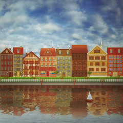 Obraz premium Illustration of a cute city on the river