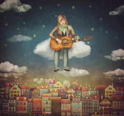 Illustration of  cute houses  with a man that plays on the guitar  in night sky