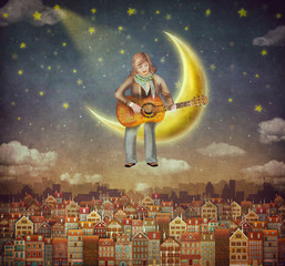 Illustration of  cute houses  with a man that plays on the guitar  in night sky