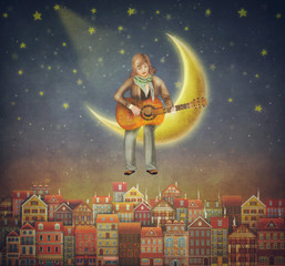 Illustration of  cute houses  with a man that plays on the guitar  in night sky