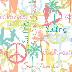 Naklejka premium Vector Surfing California San Francisco Colorful Seamless Pattern Surface Design With Active Women, Palm Trees, Peace Signs, Surf Boards.