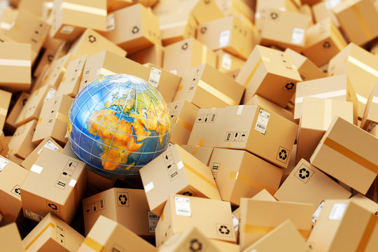 Distribution warehouse, international package shipping, global freight transportation business, logistics and delivery concept, background with heap of cardboard boxes, parcels and Earth globe