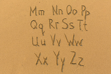 Alphabet drawn on the sand of a beach. (part two of two - from Mm to Zz)