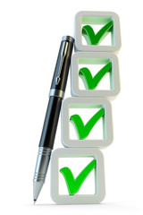 Checklist with checkboxes icon, column of green check marks and pen near it isolated on white