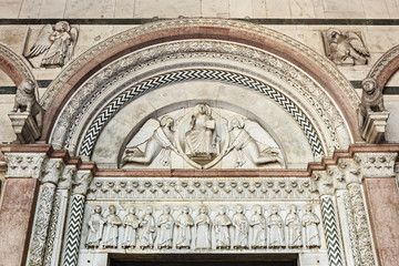 Tympanum of the portal of the church of San Martino, Lucca, Tuscany, Italy