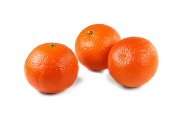 Three studio isolated orange mandarins on white background
