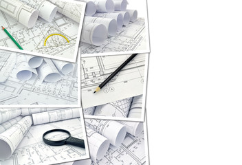Collage of photos of drawings for the project engineering work