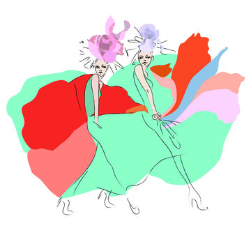 Abstract sketch of the two models in floral dresses and hats (pink, green, red), fashion, isolated on white