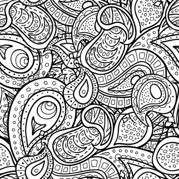 Vector paisley doodle seamless pattern. Coloring book for adult and children.Coloring page. Outline abstract wavy drawing.