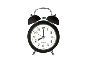 Black classic alarm clock on white background