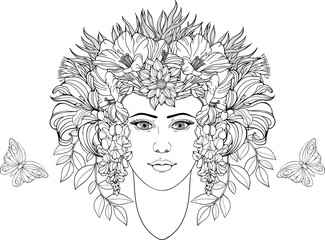 coloring page portrait of girl with flowers in hair