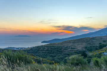 Impressive colours during sunset in Mykonos, Greece.