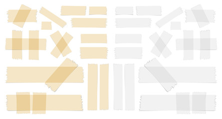 Symbols and different size sticky, adhesive tape pieces on white background