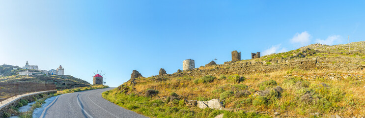 Panoramic view of the greek countryside in Mykonos, Greece.