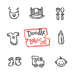 Vector doodle baby icons set. Cute hand drawn collection of kids objects