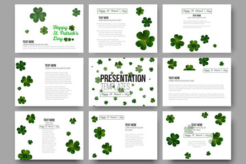 Set of 9 vector templates for presentation slides. Green clovers on white, St Patricks day decoration 