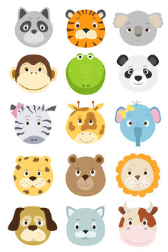 cute cartoon animals faces set. vector illustration