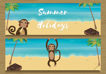 2 Summer Holidays Banner with funny Monkey. Monkey with Banana. Vector illustration
