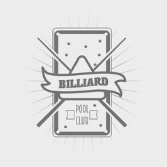Billiard icons with crossed cues behind a balls, with ribbon banners and text Billiard