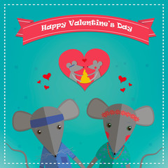 Valentines day card with romantic couple mouse. Mouse boy and girl. Vector illustration