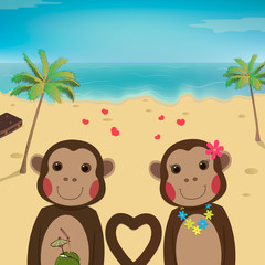 Obraz na płótnie Canvas Valentines day card with romantic couple monkeys. Summer background. Beautiful Monkey. Vector illustration