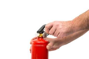 Naklejka premium a fire extinguisher in his hands