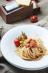 Italian pasta bolognese with meat and tomato