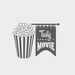 Vector design concept of logo, label or badge with popcorn bucket. Can be used for design posters, flyers or cards