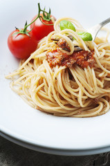 Italian pasta bolognese with meat and tomato