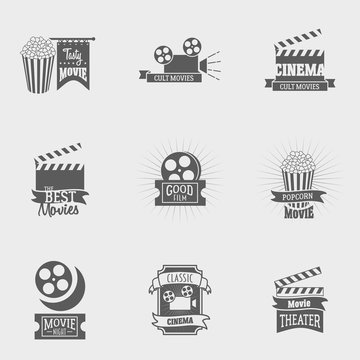 Set of vector cinema logos and signs. Movie, theater studios and cinema badges. Vintage emblems with sample text. Can be used for design posters, flyers or cards
