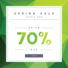 Spring sale banner on green low poly background with elegant typography for luxury sales offers in fashion. Modern simple, minimalistic design.