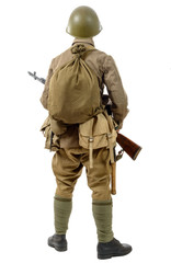 young Soviet soldier with rifle, back view, on the white backgro