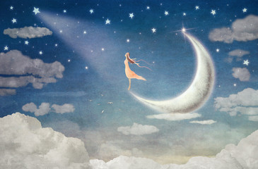 Obraz na płótnie Canvas Girl on moon admires the night sky - illustration art