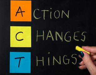 Action changes things written on a chalkboard. Acronyms are written on colored paper notes